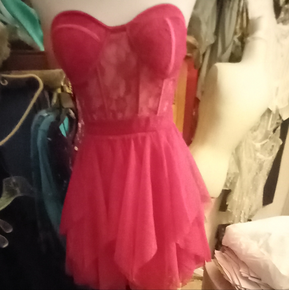new,tag,hot pink sheer lace bustier strapless mini dress,tulle panels size small